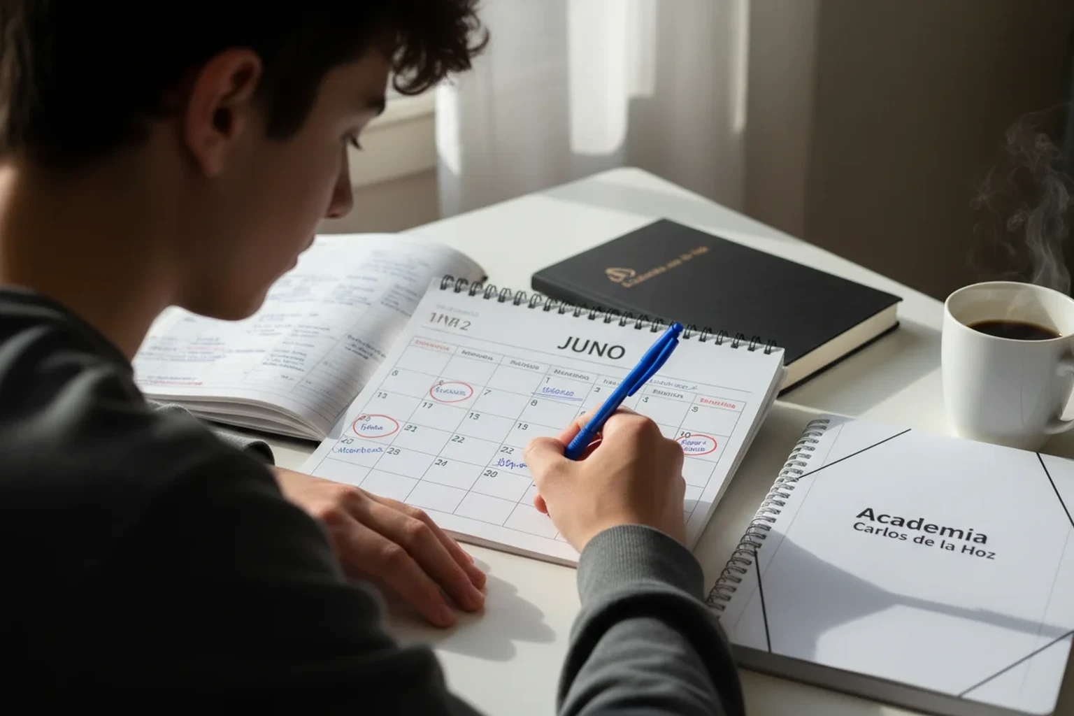 Estudiante planificando su preparacion para aprobar la PAU con calendario marcado y libreta de Academia Carlos de la Hoz