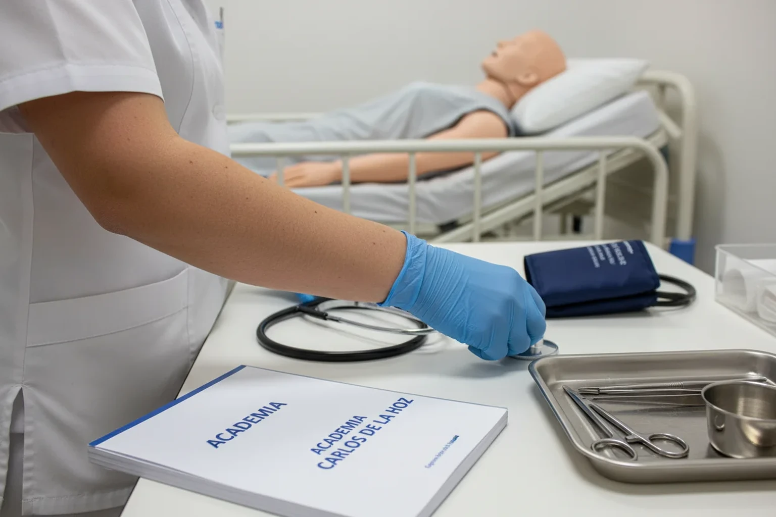 Estudante de Enfermagem em practicas clinicas com instrumental medico e libreta da Academia Carlos de la Hoz