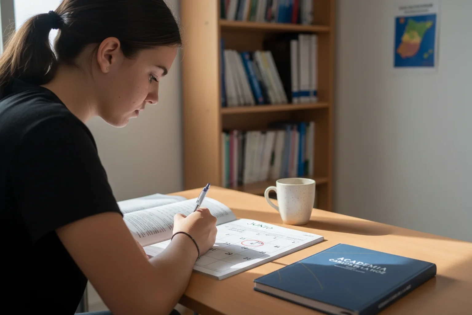 Estudiante preparando la Selectividad de Andalucia con calendario de junio marcado y libreta de Academia Carlos de la Hoz