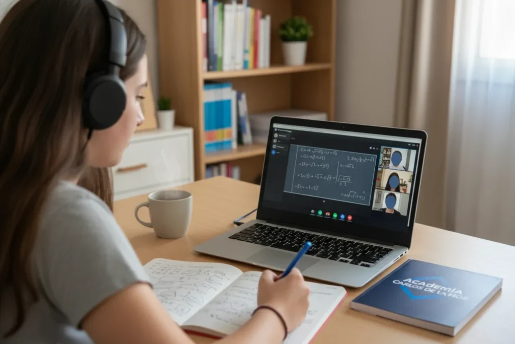 Estudiante en clase en directo de preparacion de Selectividad online con auriculares y libreta de Academia Carlos de la Hoz