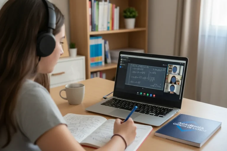 Estudiante en clase en directo de preparacion de Selectividad online con auriculares y libreta de Academia Carlos de la Hoz