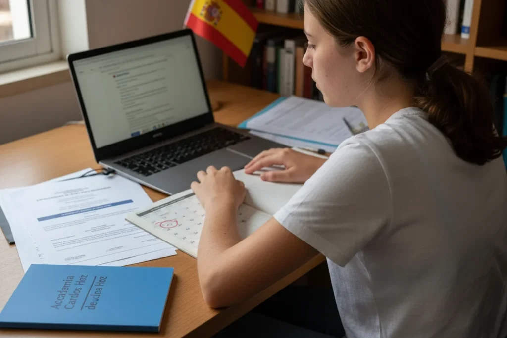 Estudante portuguesa a fazer candidatura a uma universidade espanhola no portatil com libreta da Academia Carlos de la Hoz