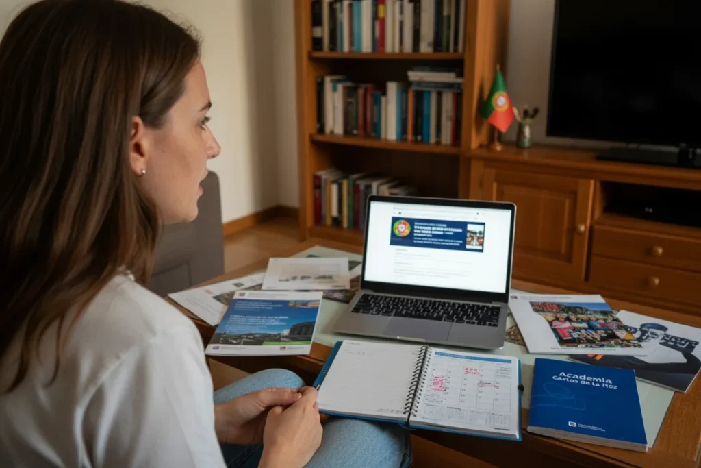 Familia portuguesa a planear como estudar fora depois do 12 ano com agenda e libreta da Academia Carlos de la Hoz