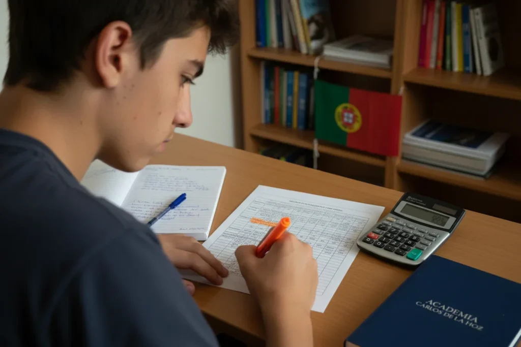 Estudante portugues a analisar tabela de notas de candidatura ao ensino superior com calculadora e libreta da Academia Carlos de la Hoz