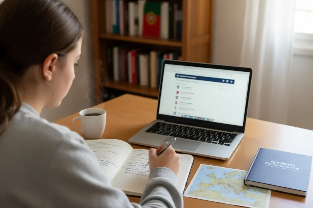 Estudante portuguesa a investigar as melhores universidades na Europa no portatil com mapa e caderno da Academia Carlos de la Hoz