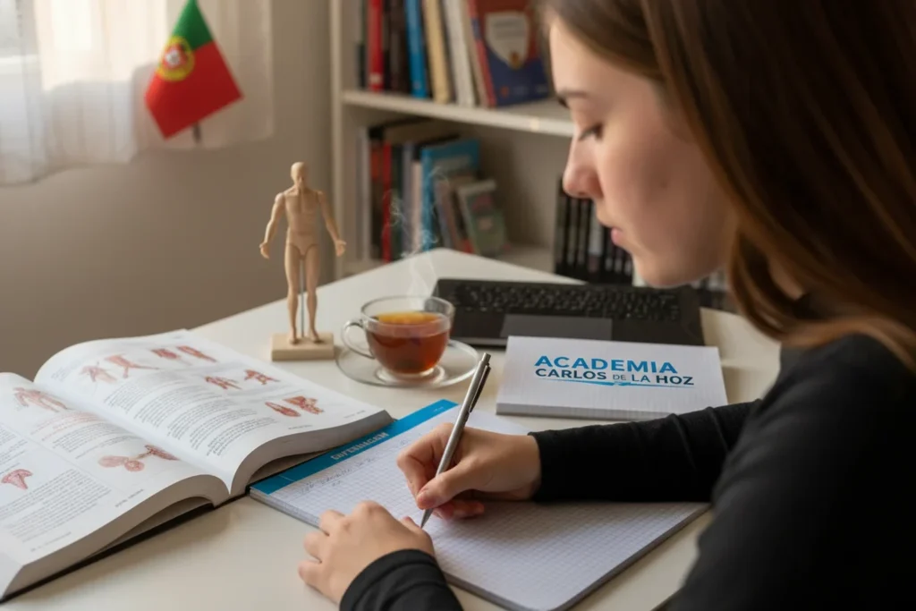 Estudante portuguesa a estudar para entrar em Enfermagem com manual de anatomia e libreta da Academia Carlos de la Hoz