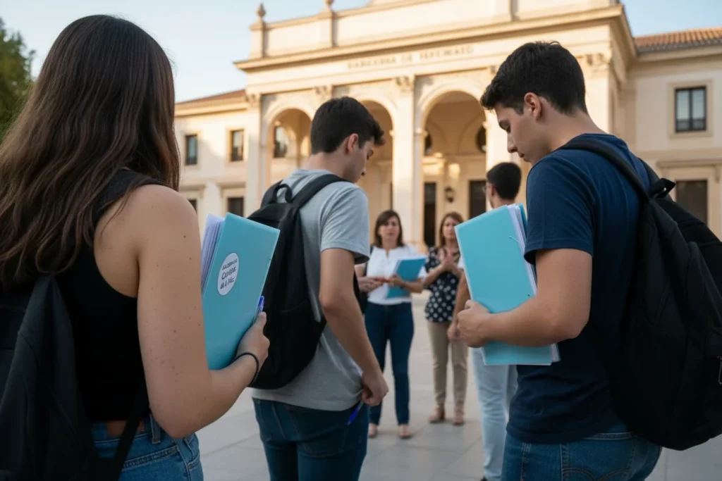 Estudiantes saliendo del edificio universitario despues del examen de Selectividad Andalucia 2026 con carpeta de Academia Carlos de la Hoz