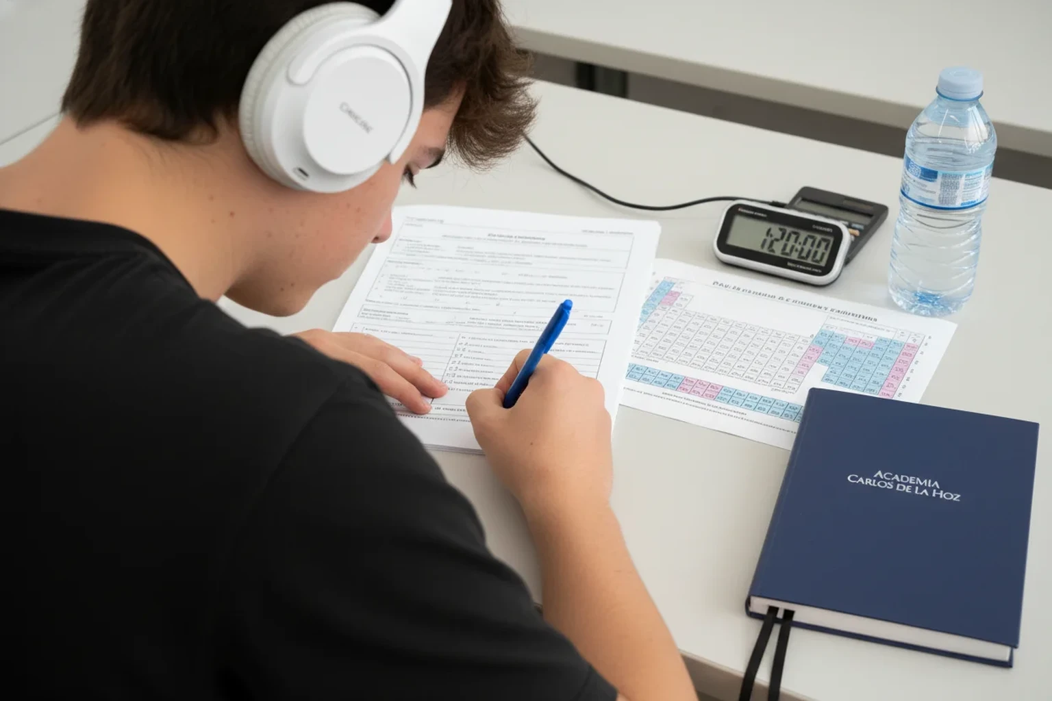 Estudiante haciendo un simulacro de examen de Quimica de Selectividad con cronometro y libreta de Academia Carlos de la Hoz
