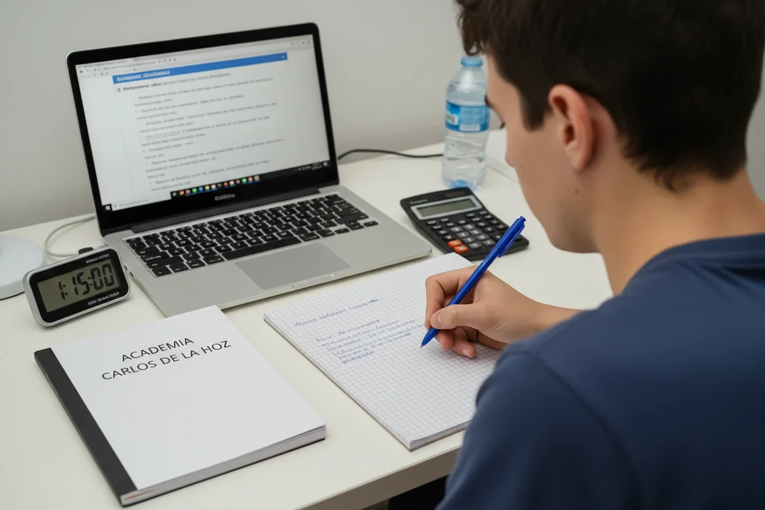 Simulacro online de Selectividad con cronometro digital, examen en pantalla y libreta de Academia Carlos de la Hoz