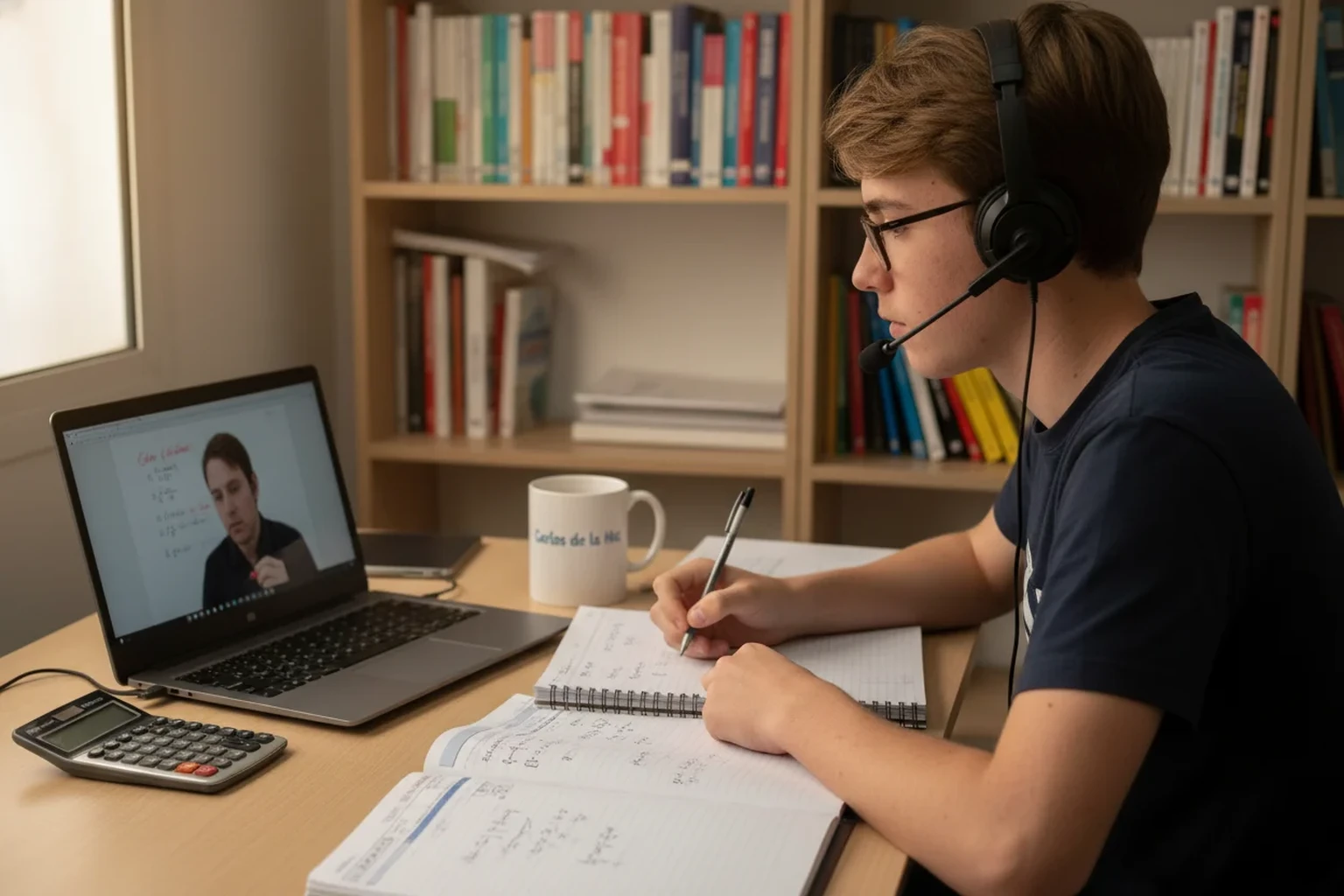Estudiante en tutoria online individual de Selectividad con tutor en pantalla y taza de Carlos de la Hoz