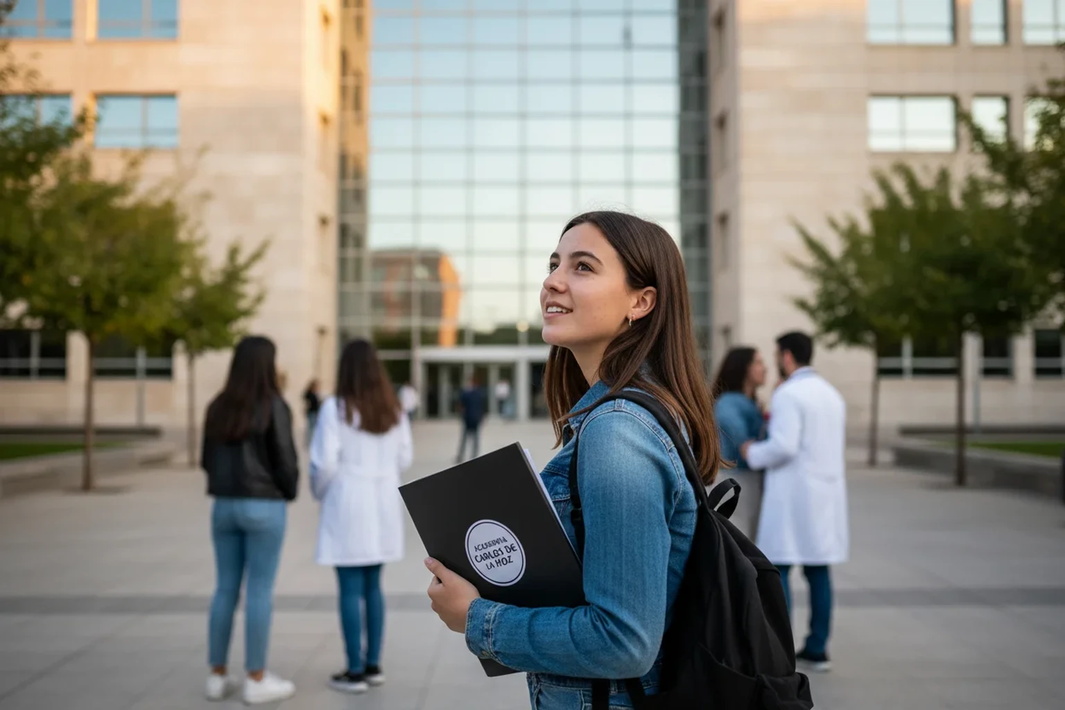 Estudiante visitando el campus de una universidad de odontologia en Madrid con su carpeta de Academia Carlos de la Hoz