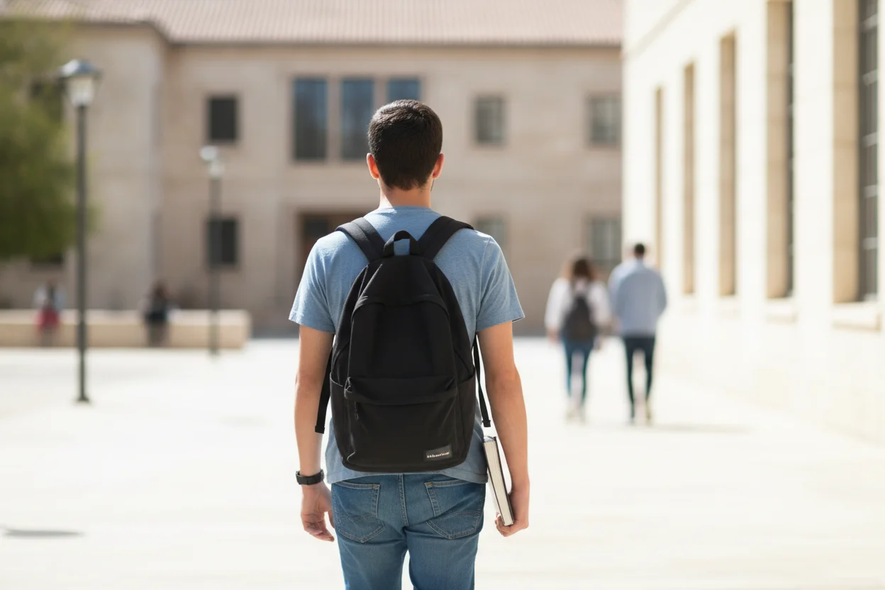 Estudante a caminhar num campus universitário em Espanha, alternativa para estudar Medicina