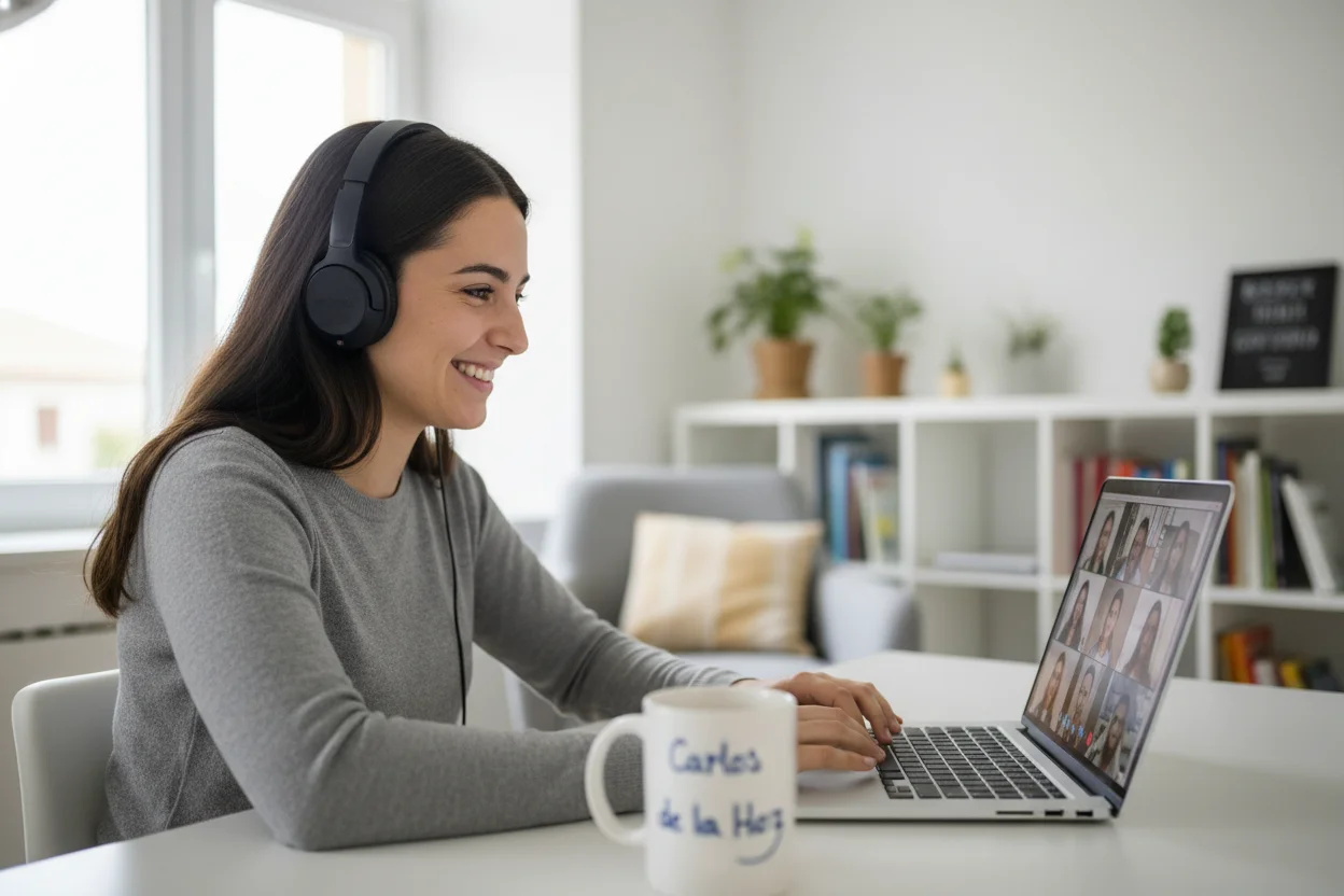 Estudante a aprender espanhol online com auscultadores e portátil, alternativa à imersão em Espanha antes da universidade.