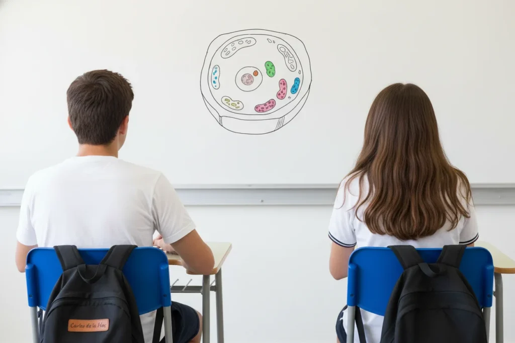 Estudiantes en una clase del Bachillerato de Ciencias de la Salud frente a un esquema de biología.