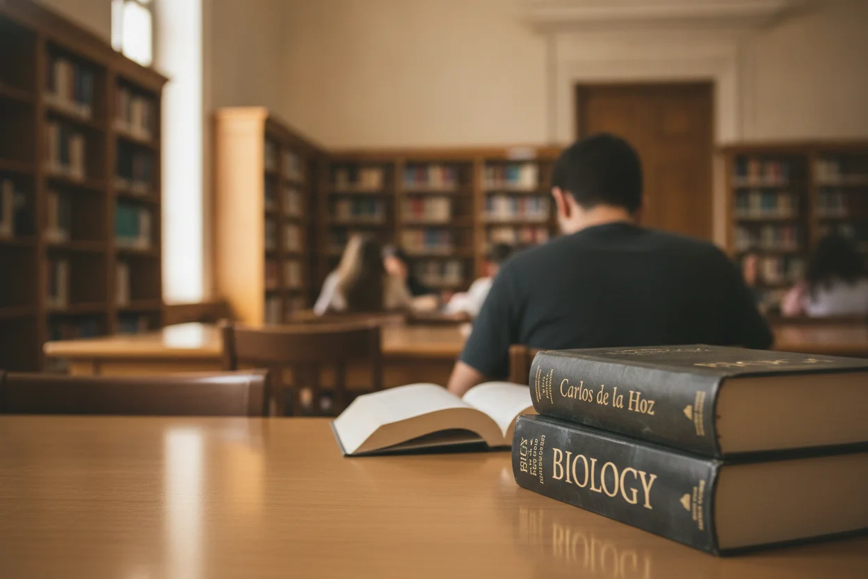 Estudiante de espaldas consultando materiales de Biología en una biblioteca universitaria preparando la EBAU