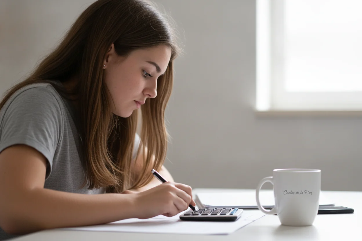 Estudante a calcular a média de acesso à universidade com calculadora e apontamentos