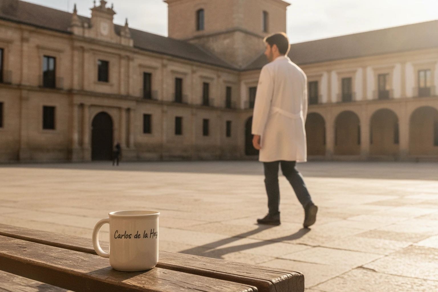 Campus de uma universidade espanhola com um estudante de bata a caminhar, alternativa para estudar medicina.