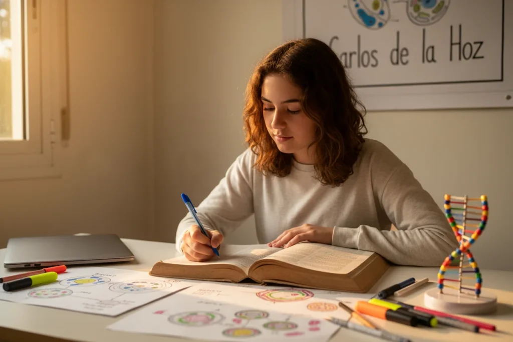 Estudante a estudar para o Exame de Biologia e Geologia com esquemas e um modelo de ADN, foco e método de estudo ativo.