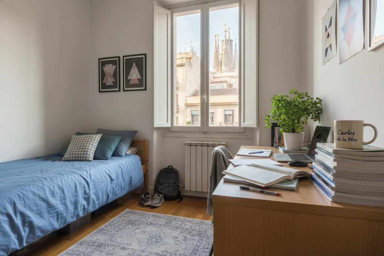 Habitación de estudiante en un piso compartido de Barcelona, donde el coste de vida pesa en el presupuesto.