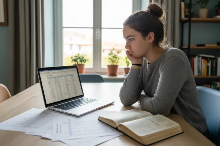 Estudante portuguesa a analisar listas de cursos com médias mais baixas no portátil, entre preocupação e esperança, em casa.