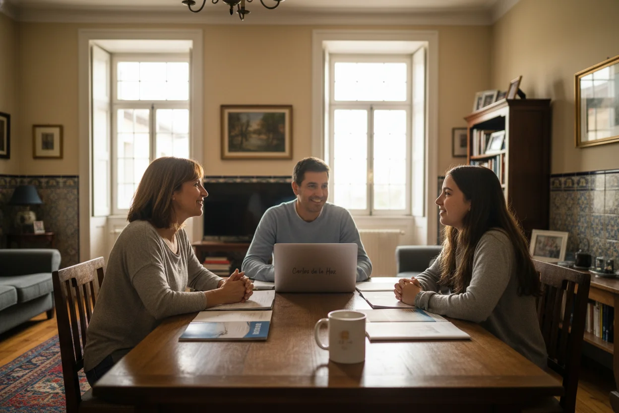 Família portuguesa a decidir o futuro académico à mesa com um portátil, comparando cursos de saúde em Portugal e em Espanha.