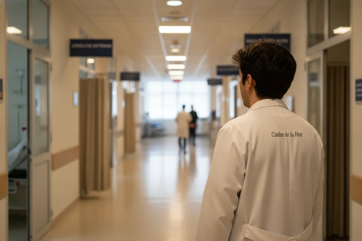 Estudiante de Enfermería con bata blanca en pasillo hospitalario universitario, de espaldas