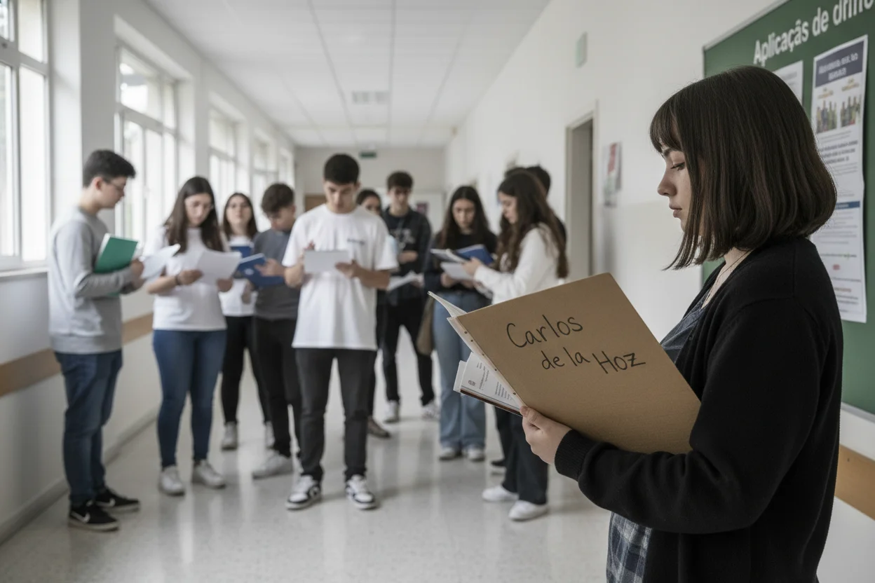 Estudantes do ensino secundário na época dos Exames Nacionais 2026, num corredor da escola antes de uma prova.