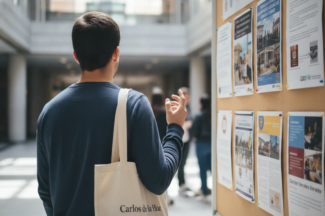Estudante a comparar universidades de medicina na Europa num painel de cartazes do campus