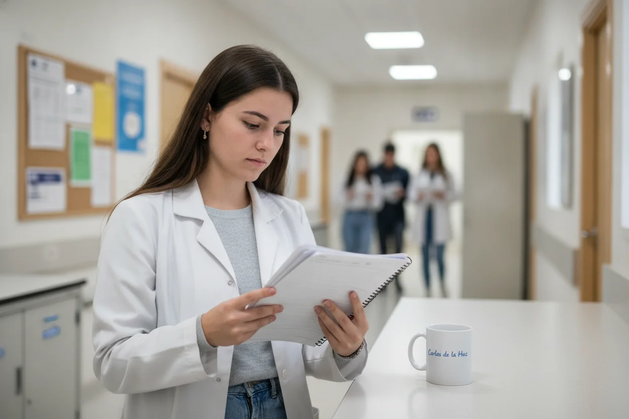 Estudante de Medicina com bata numa faculdade, opção de estudar Medicina na Europa