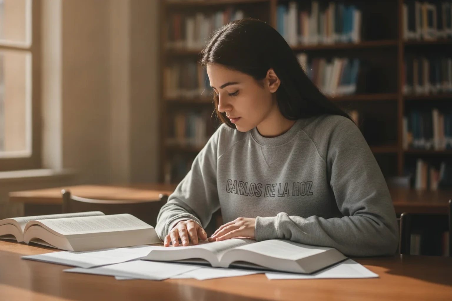 Estudante de Psicologia a estudar numa biblioteca universitária, preparação para a média de entrada no curso.