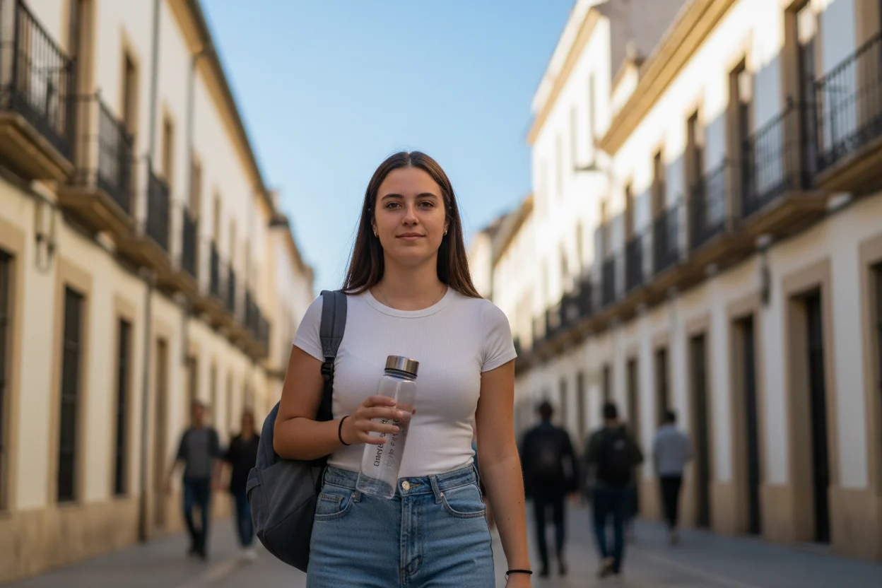 Estudante portuguesa a caminhar por uma rua em Espanha, sem necessidade de visto por ser cidadã da União Europeia.