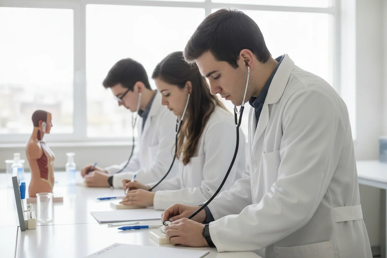 Estudantes de saúde com bata numa aula prática universitária