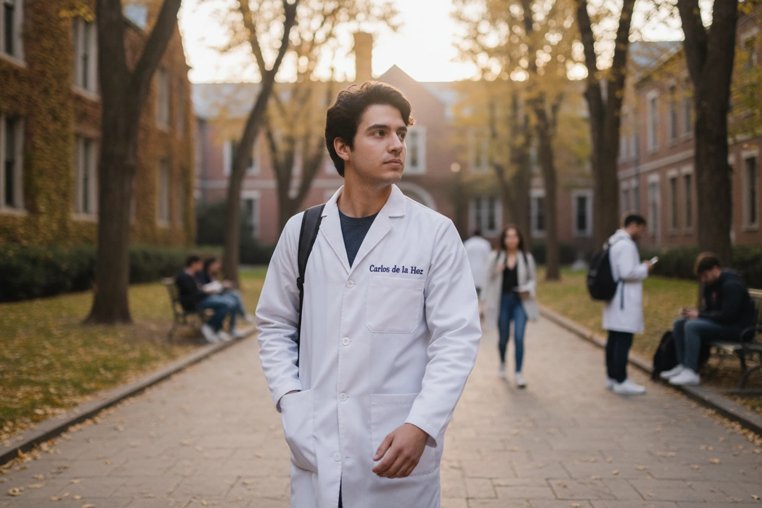 Estudante de bata numa faculdade de saúde, alternativa para estudar Medicina em Espanha.