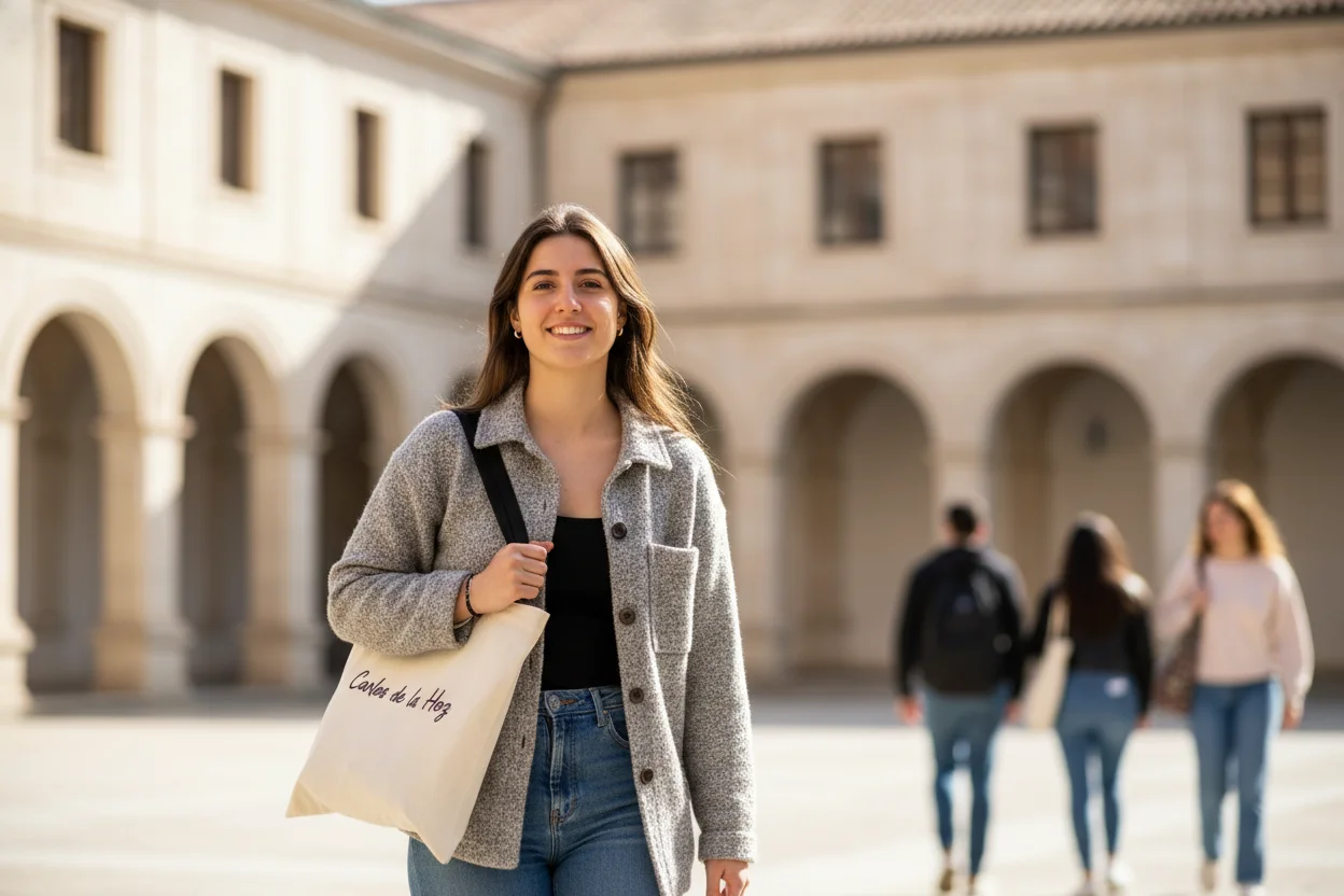 Estudante portuguesa a caminhar sorridente num campus universitário em Espanha, símbolo de estudar saúde de forma mais acessível.
