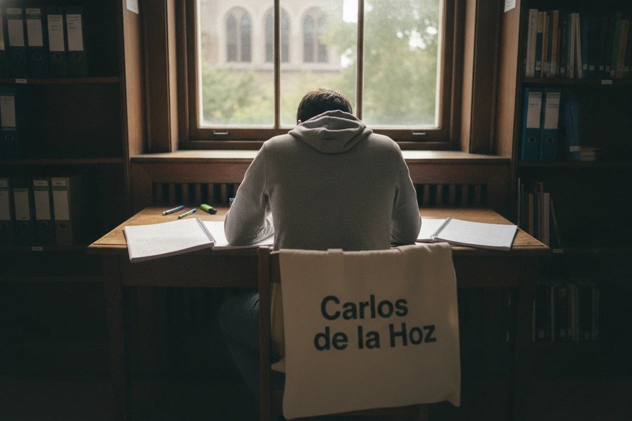 Estudiante de Logopedia de espaldas estudiando con apuntes y luz natural