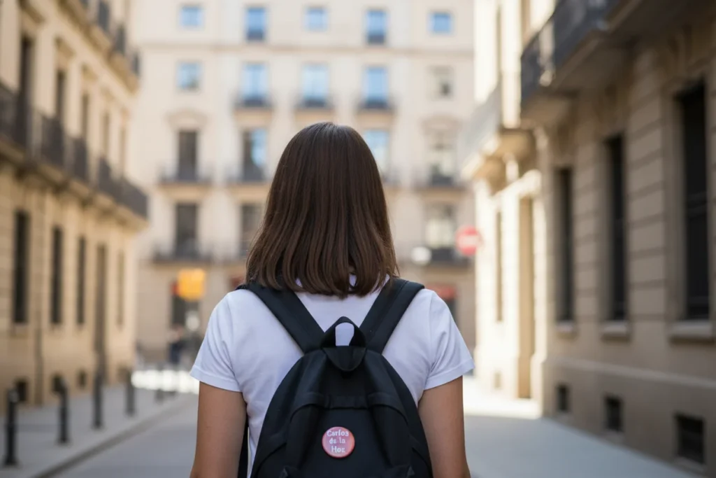 Estudiante con mochila de camino a la universidad para estudiar Odontología en Barcelona.