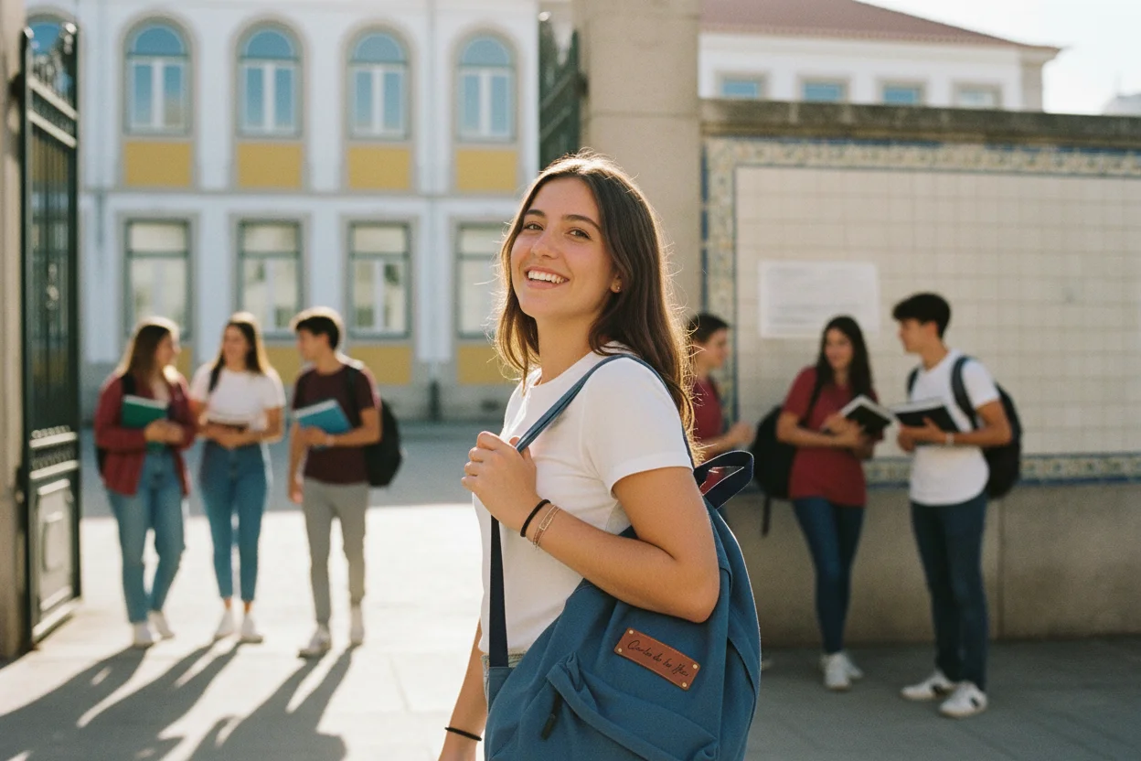 Estudante confiante após o Exame de Biologia e Geologia, símbolo da nota que também abre o acesso a saúde em Espanha.