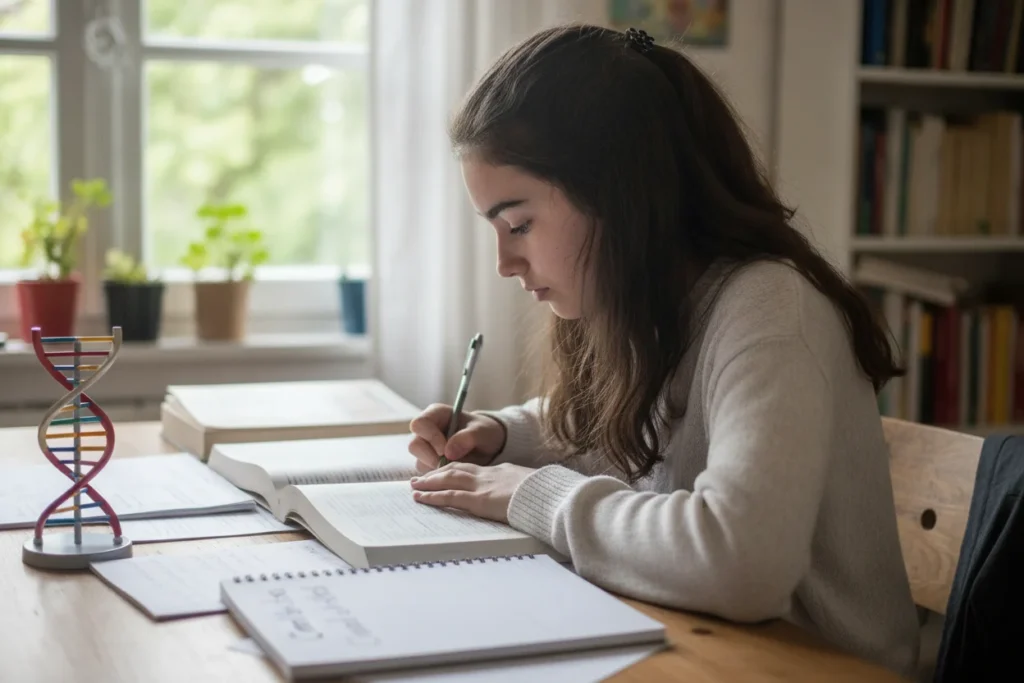 Estudante a preparar o Exame Nacional de Biologia e Geologia com manuais e apontamentos