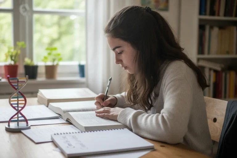 Estudante a preparar o Exame Nacional de Biologia e Geologia com manuais e apontamentos