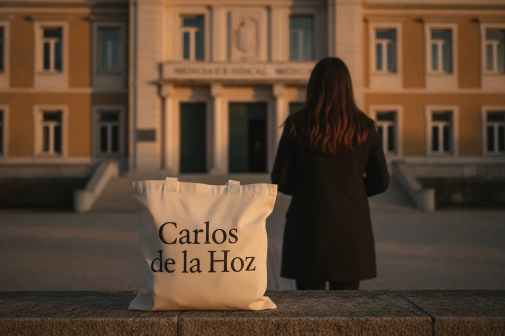 Fachada de uma faculdade de medicina em Portugal com uma estudante de costas a observar o edifício.