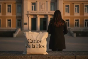 Fachada de uma faculdade de medicina em Portugal com uma estudante de costas a observar o edifício.