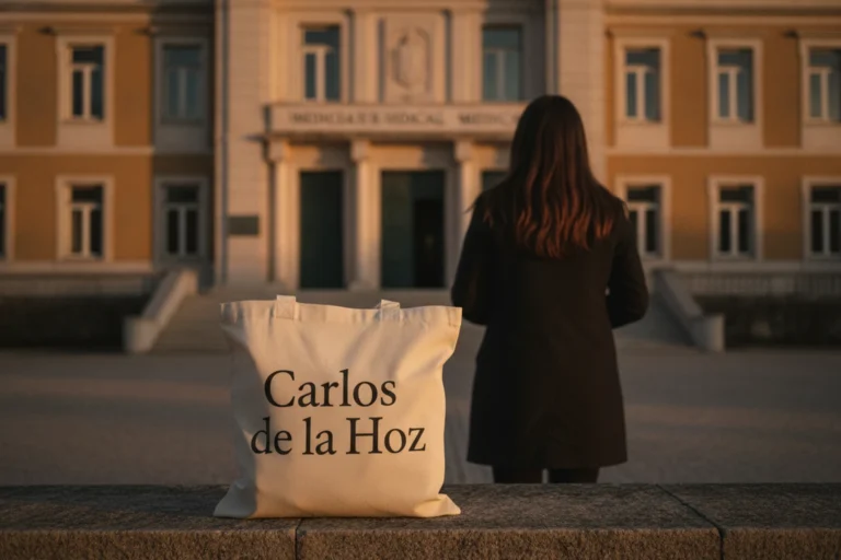 Fachada de uma faculdade de medicina em Portugal com uma estudante de costas a observar o edifício.