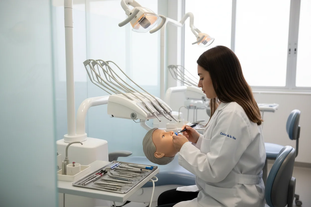 Estudiante de Odontología practicando con un maniquí dental en un aula de una facultad de Barcelona.