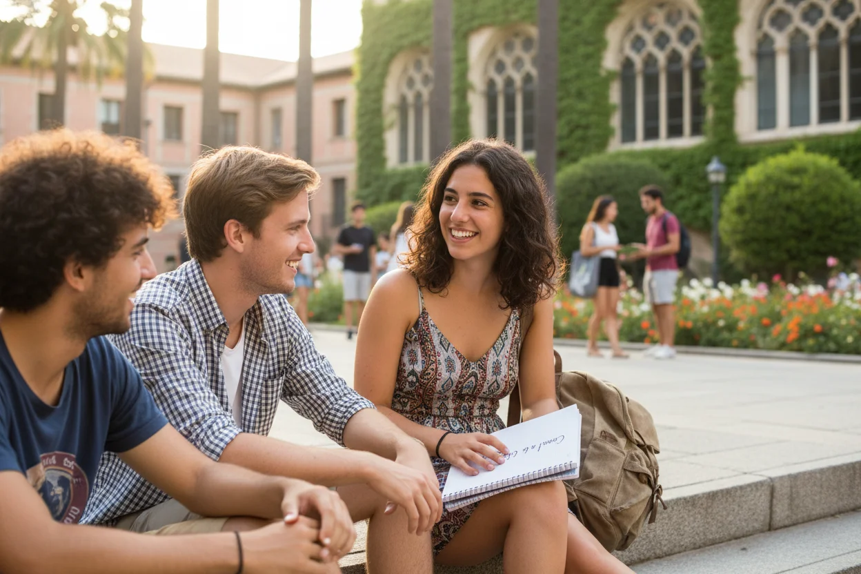 Estudante portuguesa a conversar com confiança em espanhol com colegas num campus em Espanha.