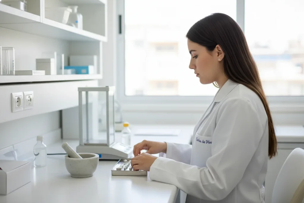 Estudiante de Farmacia en un laboratorio preparando un medicamento, una carrera con mucha química y biología.
