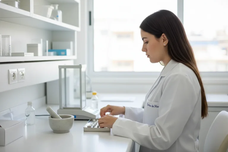 Estudiante de Farmacia en un laboratorio preparando un medicamento, una carrera con mucha química y biología.