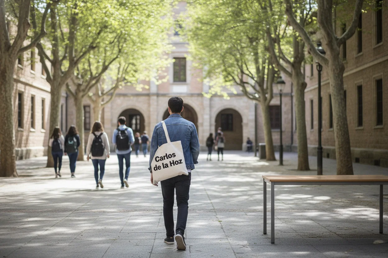 Estudiante de Fisioterapia caminando de espaldas por un campus universitario español con mochila