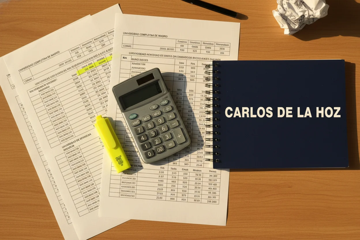Listado impreso de notas de corte de Enfermería por universidad, revisado con calculadora y marcador.