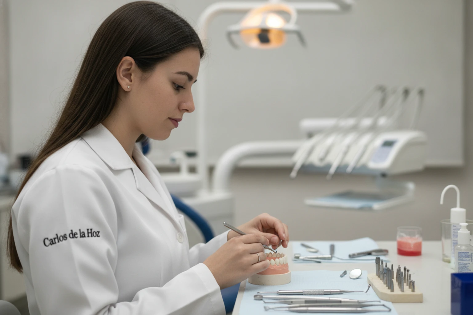 Estudante de Medicina Dentária com bata a trabalhar num modelo dental, vagas e média de entrada limitadas.