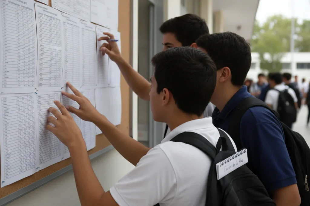 Estudantes a consultar as medias de acesso ao ensino superior numa lista de colocacoes